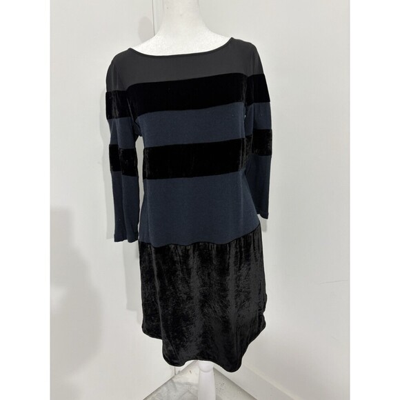 REBECCA TAYLOR Velvet Striped Shift Dress Knee Length 3/4 Sleeve Black S - Picture 1 of 10